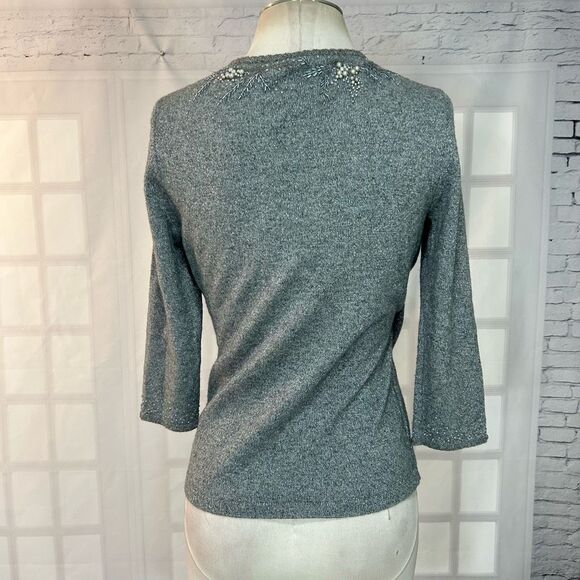 Ann Taylor Grey Silver Embroidered v neck Wrap Top Blouse Size Small - Picture 5 of 8